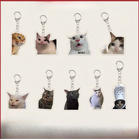 Funny Rambling Goat & Huh Cat Meme Keychain – Screaming Confused Cat Pendant Gift