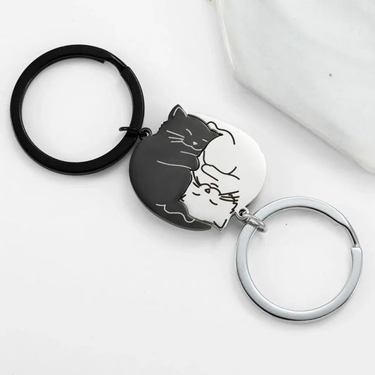 Black Cat Matching Couples Keychain – Stainless Steel Puzzle Keyring