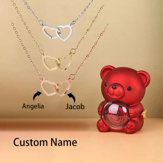 Custom Text Double Love Heart Eternal Necklace – With Luxury Bear & Rose Gift Box for Women