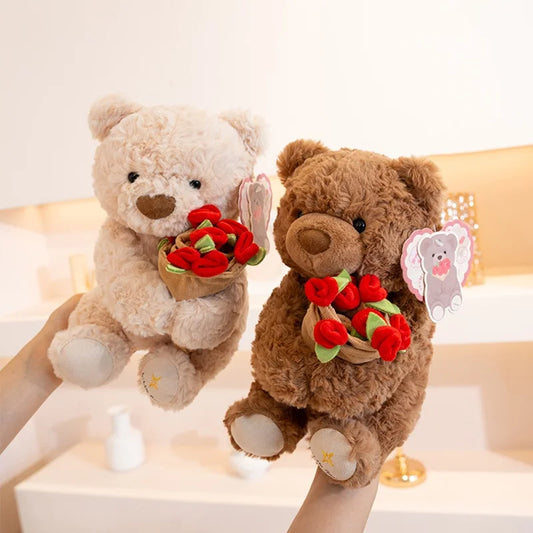 Romantic Teddy Bear Hugging Roses Bouquet – New Style Rose Bear Plush Toy