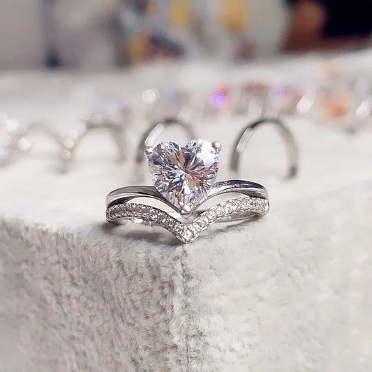 Delicate Silver Color Heart Rings with White Zircon Stones