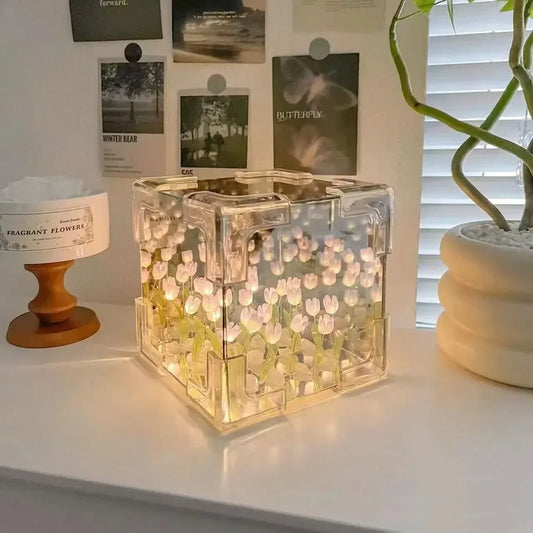 Creative DIY Tulip Flower Sea Cube Night Lamp – 3D Craft Kit Gift for Girlfriend or Couples