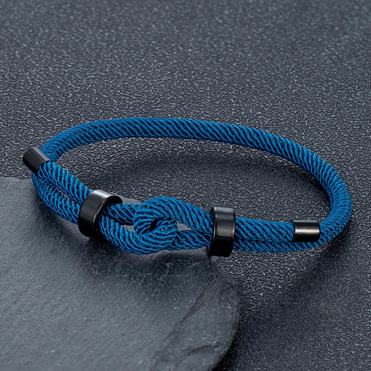 MKENDN Adjustable Knot Rope Bracelet – Black Stainless Steel Charm Bangle for Men