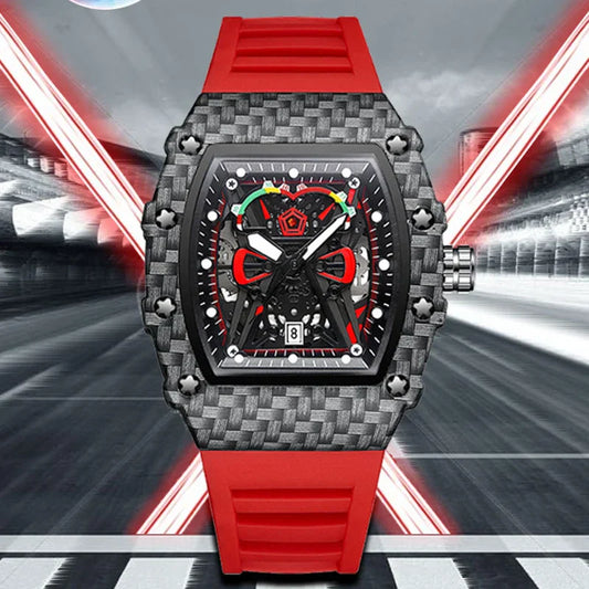 Sport Red Rubber Quartz Watch – Tonneau-Style Men's Fashion Wristwatch