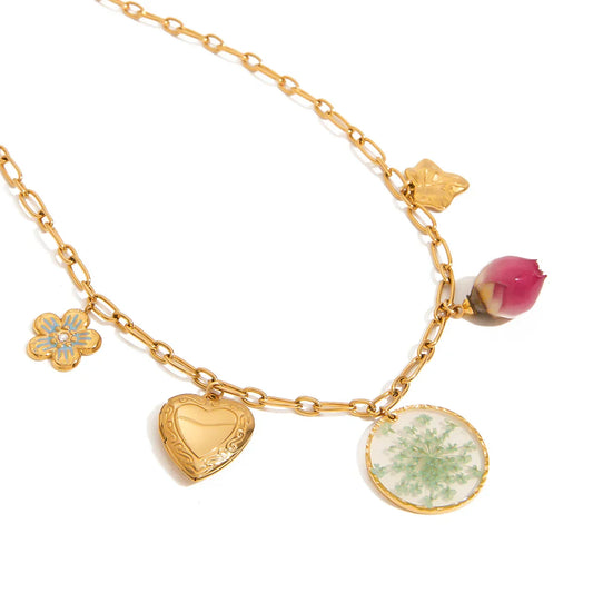 Youthway Dried Flower Heart Photo Box Necklace – 18K Gold Plated Minimalist Jewelry Gift for Her