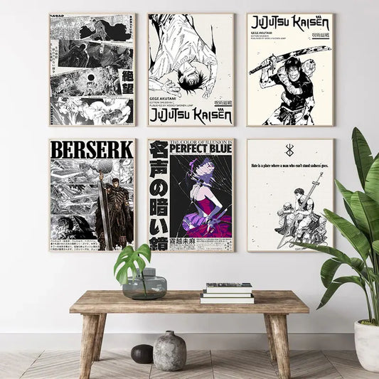 Popular Anime Canvas Posters – Vagabond & Jujutsu Kaisen Minimalist Wall Art for Fans