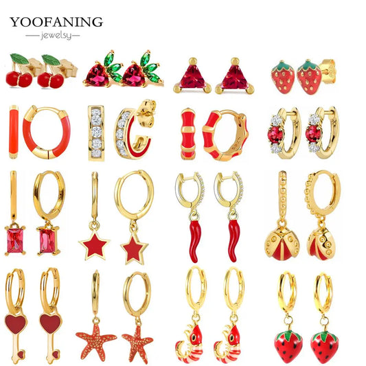 925 Sterling Silver Red Series Hoop Earrings – Red Zircon Love, Strawberry & Starfish Design