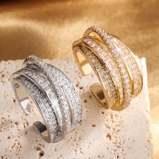 High-Quality Copper Inlaid Zircon Multi-layer Star Opening Ring