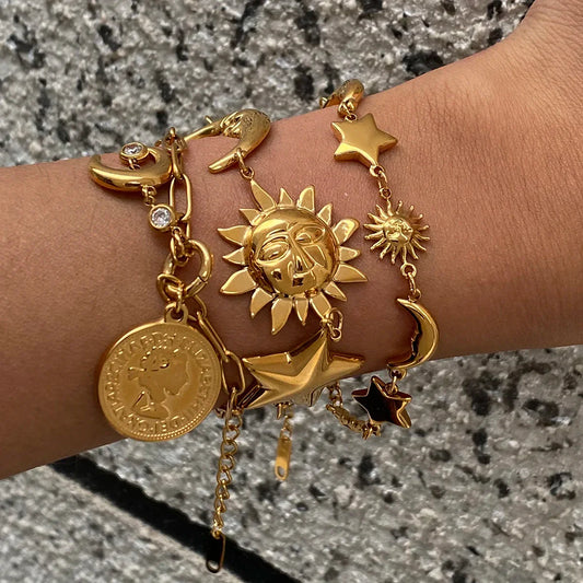 Uworld Beach Ocean Star & Moon Bracelet – Stainless Steel Stackable Jewelry Gift for Her